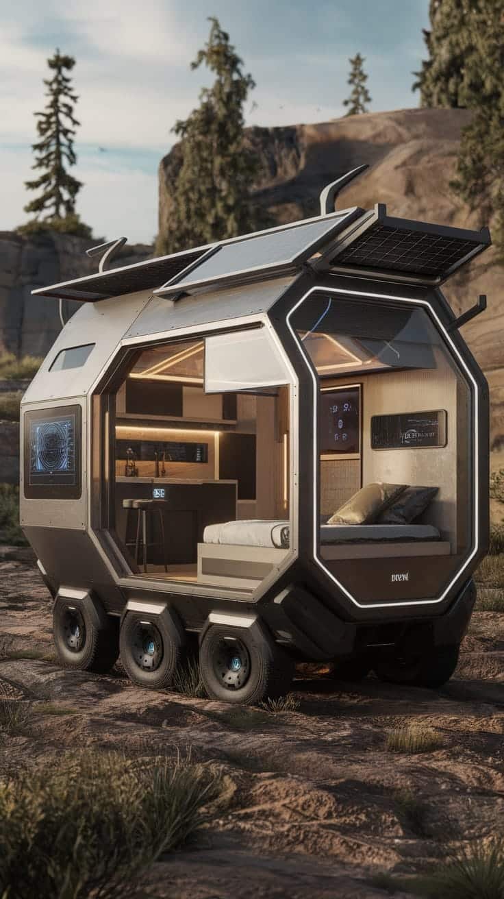 The_future_of_tiny_house_living A modern tiny house camper with solar panels and sleek design set in a natural environment