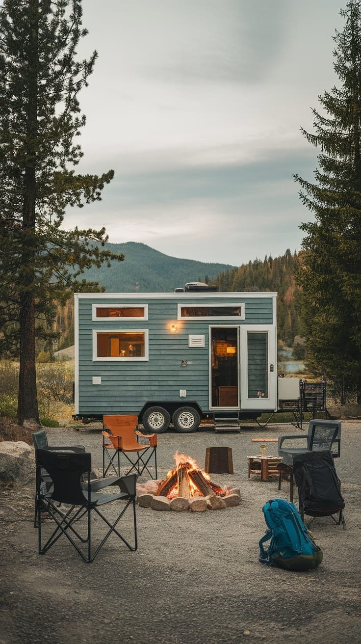 The_joys_of_tiny_house_camping_adventures A tiny house camper with a fire pit and seating area surrounded by nature