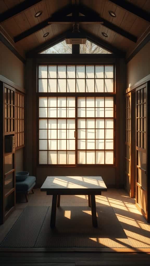 The_role_of_light_in_japanese_architecture A wooden room with large windows allowing natural light to enter showcasing a simple table and chairs