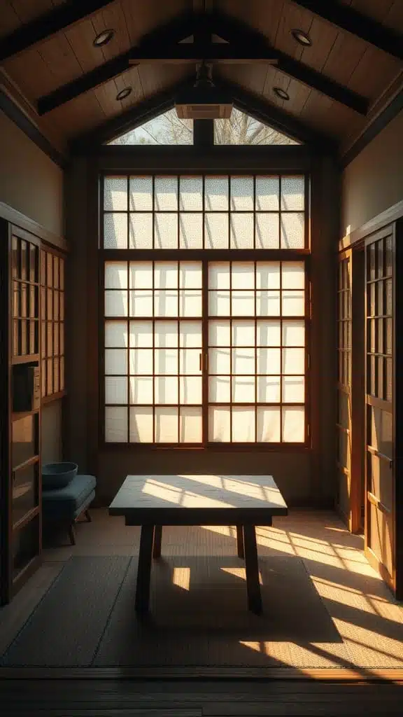 The_role_of_light_in_japanese_architecture A wooden room with large windows allowing natural light to enter showcasing a simple table and chairs