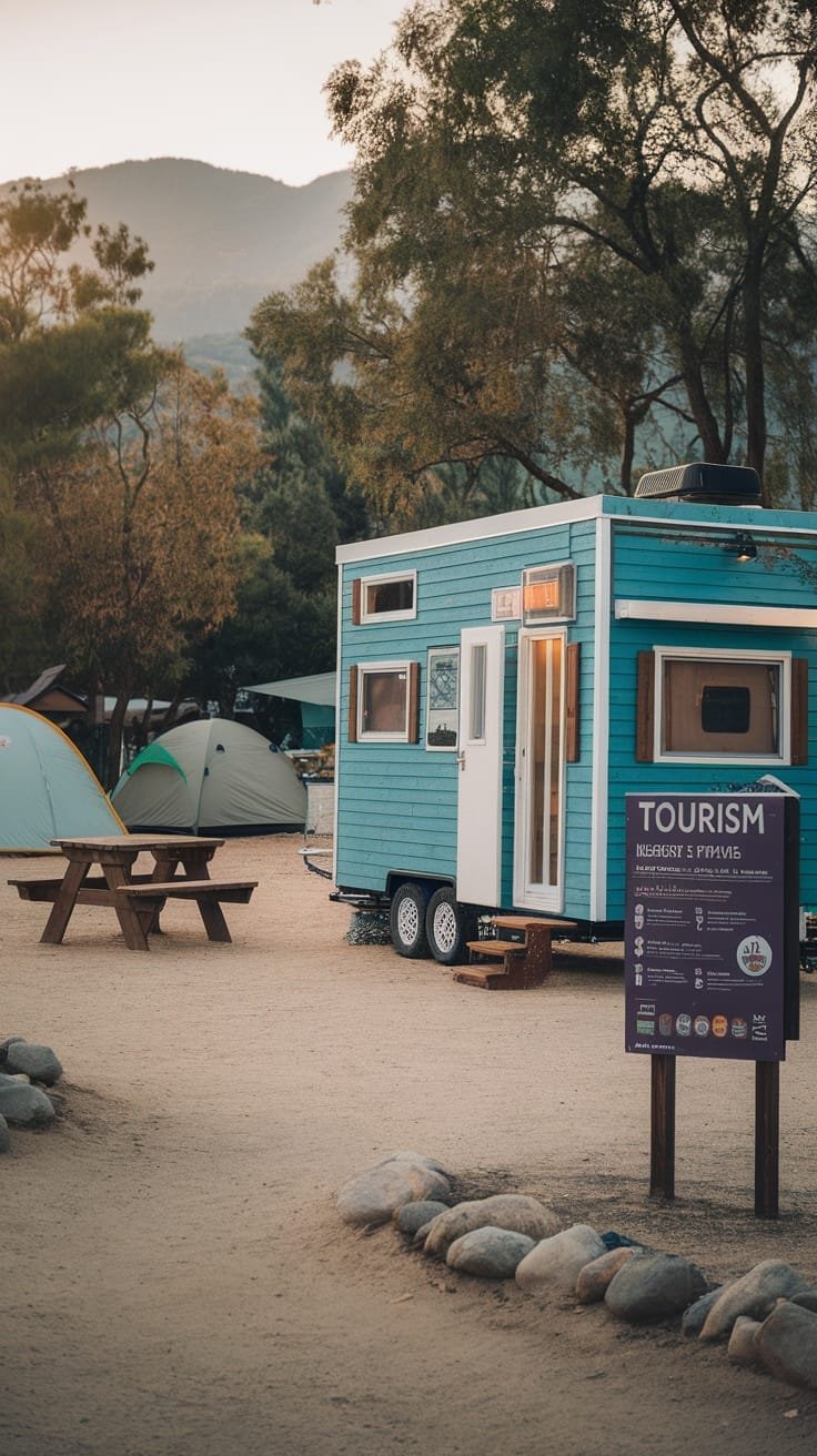 The_role_of_tiny_house_campers_in_sustainable_tour A tiny blue camper in a camping area with tents and a tourism sign