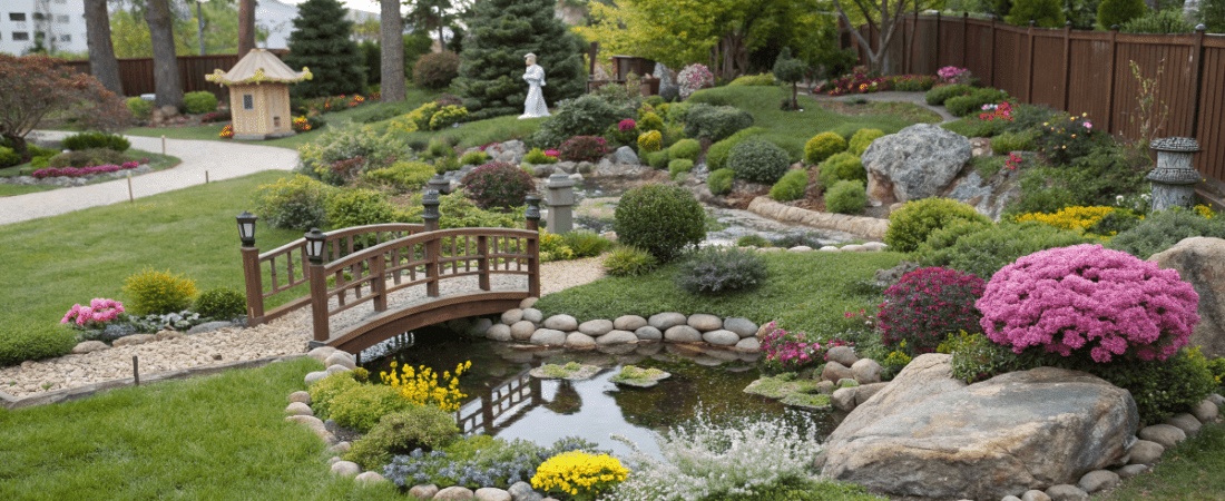 A photograph of a meticulously designed garden with a pond at its center surrounded by a variety of plants including a mix of flowers with shades of pink yellow and white and a wooden bridge arching gracefully over the pond The garden is nestled within a fenced area and a small traditional wooden structure is visible nearby The garden is lush with greenery featuring various shrubs and trees and is bathed in soft natural light The photo captures the beauty of the garden from an elevated perspective