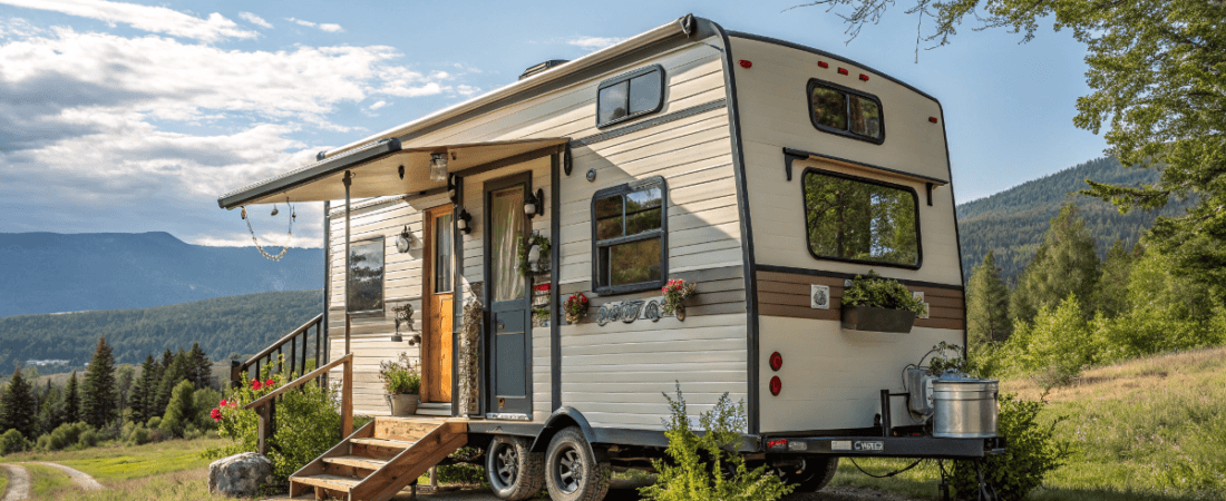 A photo of a stationary RV camper in a picturesque outdoor setting The RV predominantly beige and brown is equipped with windows a door and a stairway leading to the entrance It is surrounded by a mix of greenery including various plants and a rocky element near the base The RV is parked on a dirt path and the backdrop features a range of mountains and a clear blue sky with fluffy clouds The overall atmosphere is serene and natural