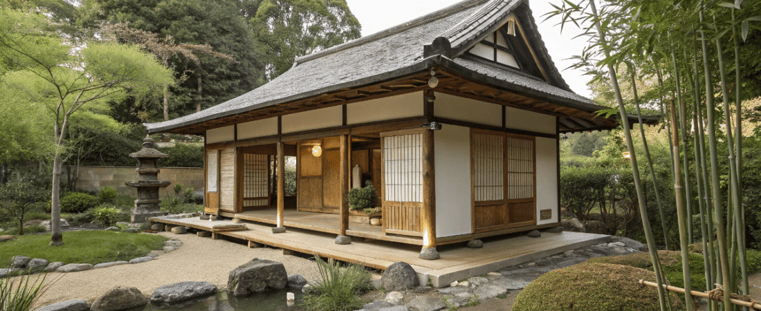 A photo of a traditional Japanese garden with a wooden structure a serene pond with stones a small stone lined water feature and a variety of plants including bamboo shoots and lush greenery The architecture of the structure is characteristic of traditional Japanese design featuring a sloping roof and wooden accents The image is a photograph with natural lighting and a focus on the architectural and natural elements of the garden setting The color palette is dominated by earthy tones
