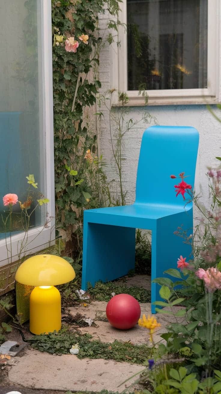 Tiny_garden_art_installations A small garden with a blue chair yellow lamp and colorful balls surrounded by flowers and greenery