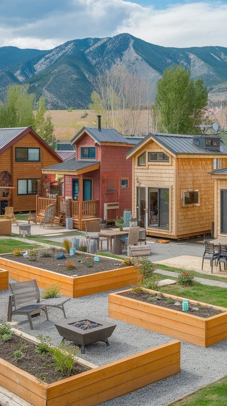 Tiny_home_communities_in_aspen Colorful tiny homes in a community setting with mountains in the background