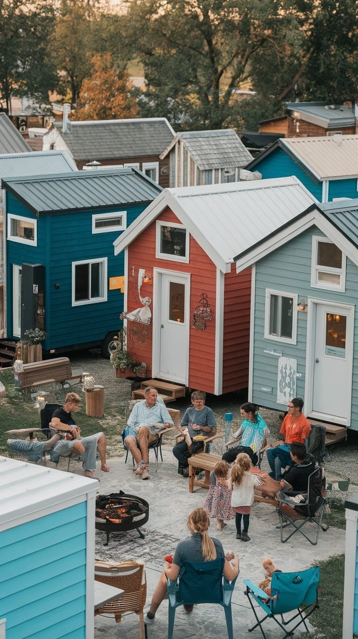 Tiny_house_camper_community_living A group enjoying time around a fire pit in a tiny house camper community