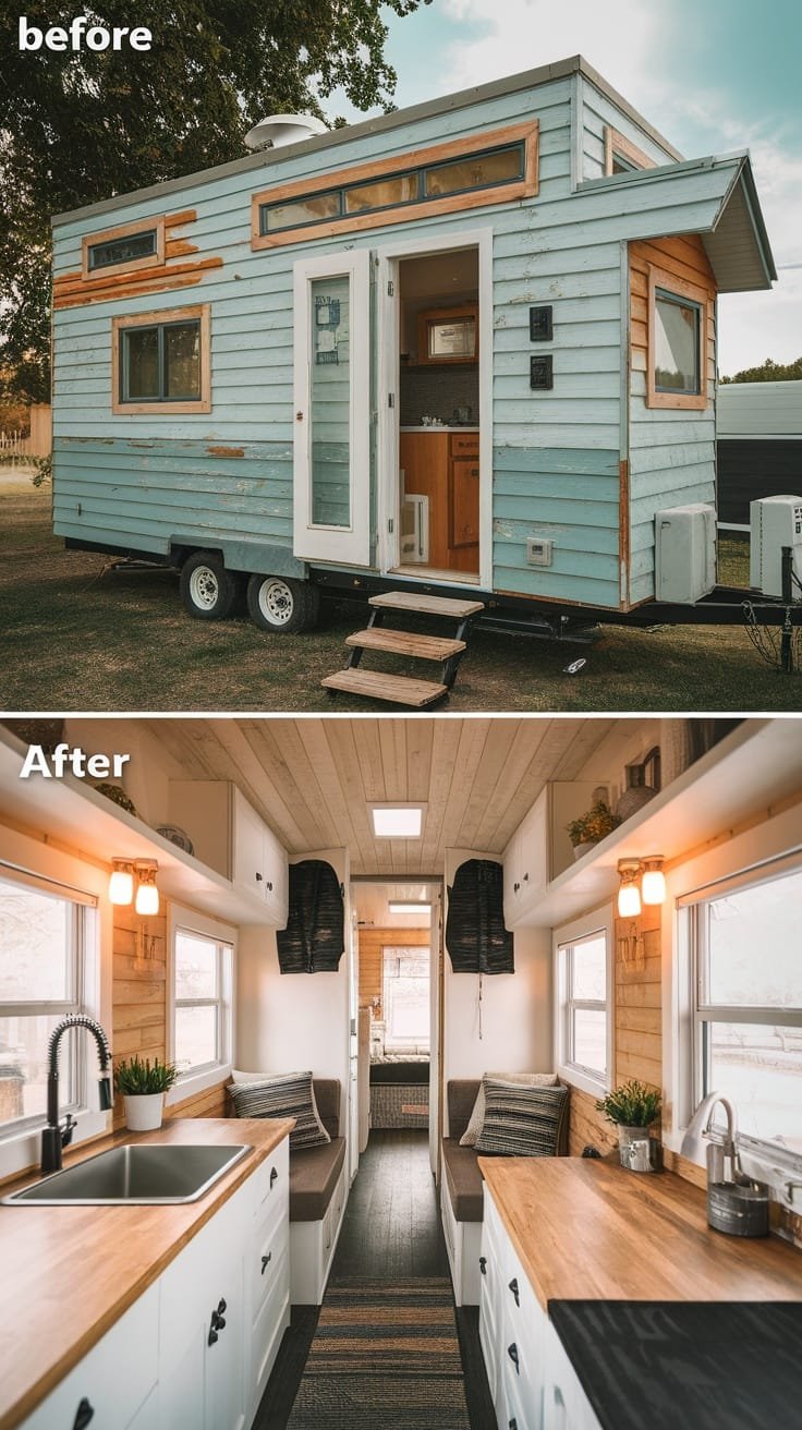 Tiny_house_camper_renovation_stories Before and after images of a tiny house camper renovation showcasing exterior and interior transformations