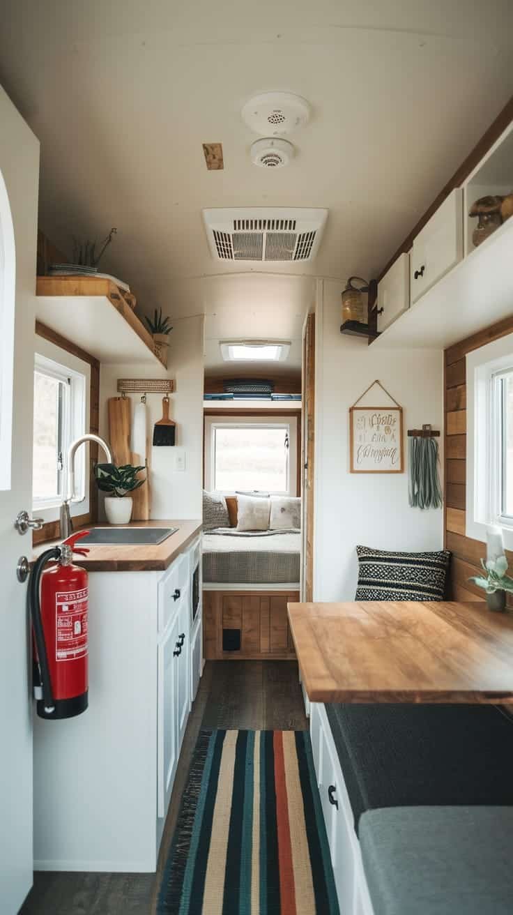 Tiny_house_camper_safety_tips Inside view of a tiny house camper with a cozy and organized layout