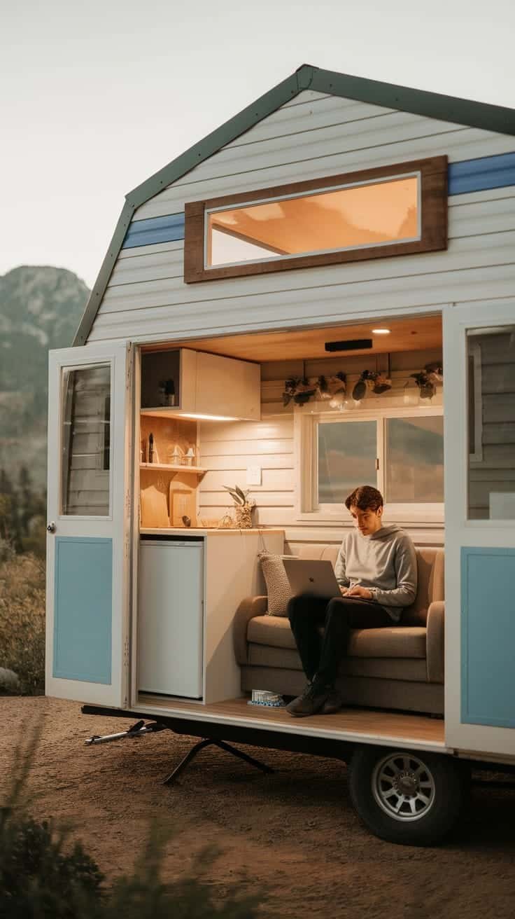 Tiny_house_campers_for_remote_work A person working on a laptop in a tiny house camper surrounded by nature