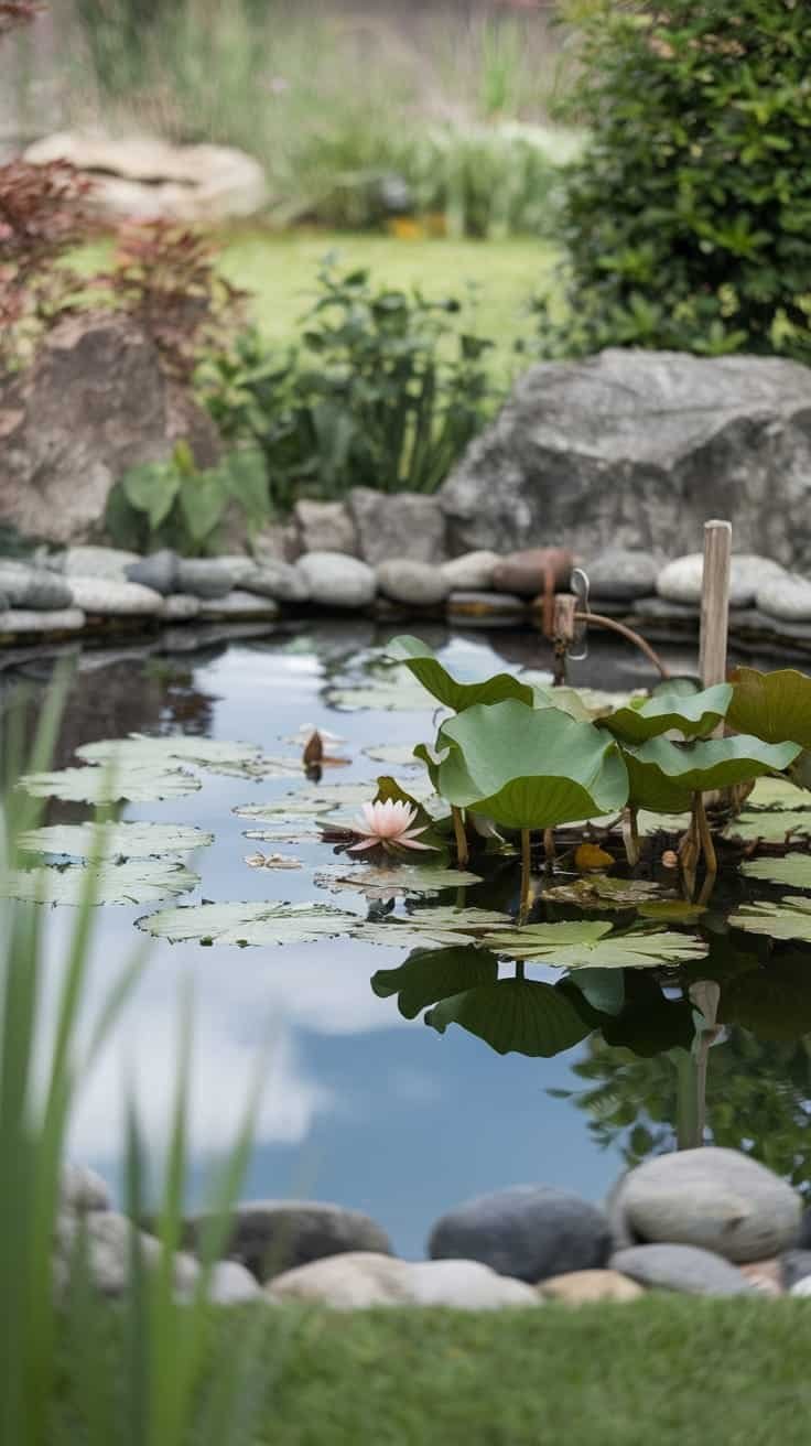 Tiny_pond_features A small pond surrounded by rocks and water lilies in a garden