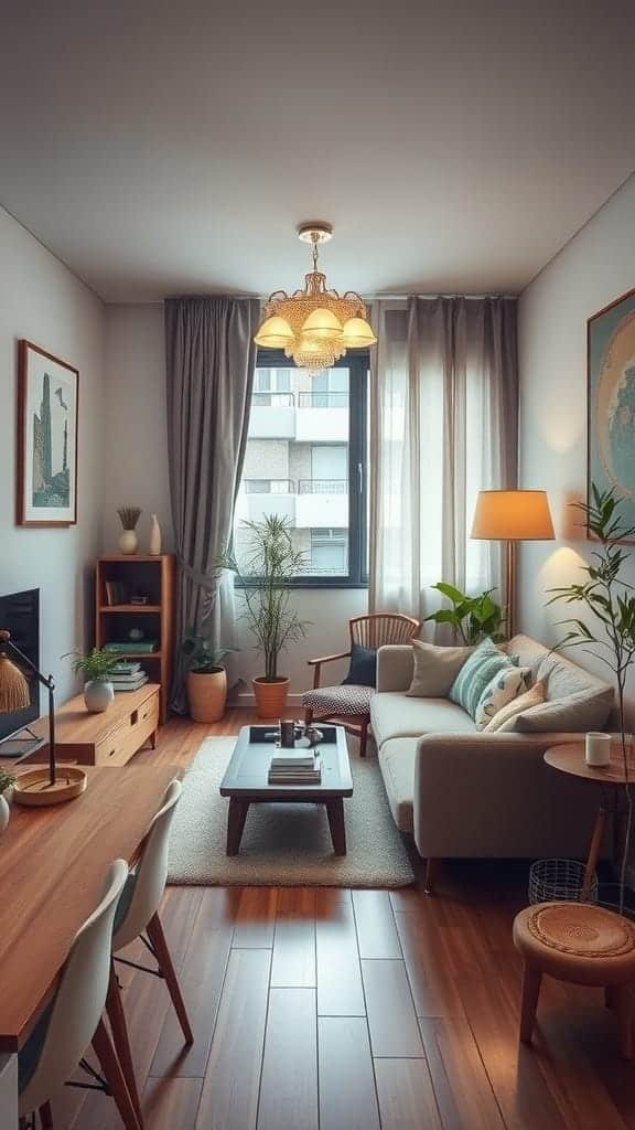 Traditional_elements_in_contemporary_context Cozy interior of a small Japanese apartment with plants modern furniture and traditional art