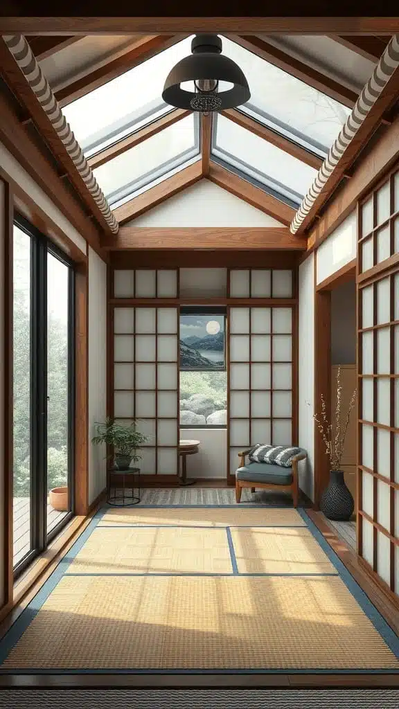 Traditional_techniques_in_modern_tiny_homes A serene interior of a tiny house in Japanese style featuring wooden beams tatami mats and large windows
