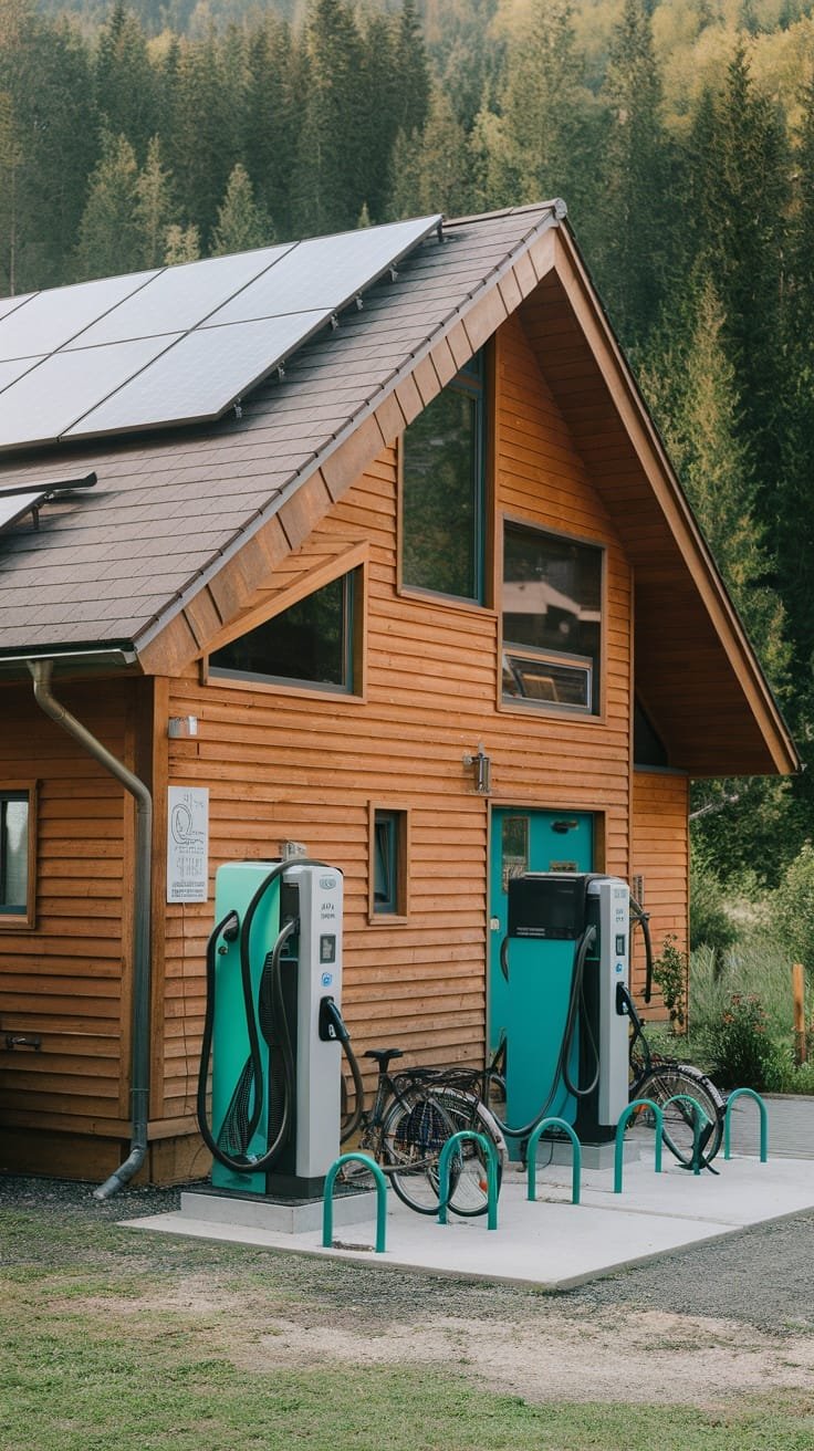 Transportation_and_mobility_in_eco_housing A modular eco house with solar panels and electric vehicle charging stations