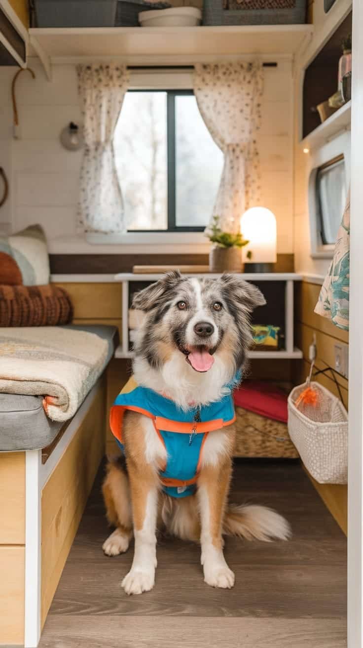 Traveling_with_pets_in_a_tiny_camper A happy dog in a blue outfit sitting inside a tiny house camper