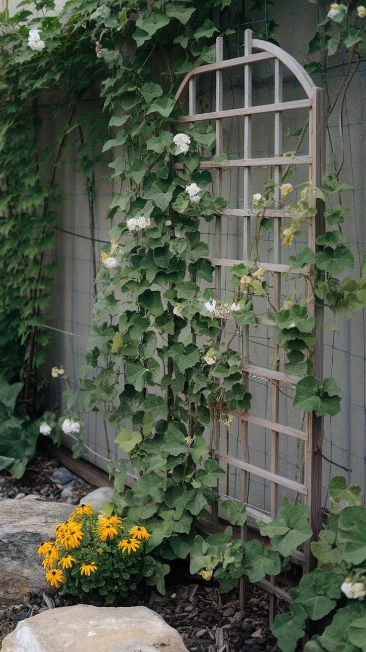 Trellis_and_climbing_plants A wooden trellis with climbing plants and yellow flowers in a tiny garden