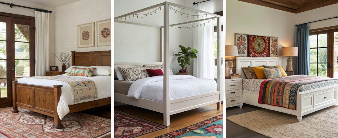 A collage of three photos showcasing a bedroom interior The photos feature a variety of furnishings and accessories The rooms have a neutral color palette with a focus on natural tones a wooden bed frame and a range of bedding materials and patterns The images are well lit with natural light coming in through the windows creating a warm and inviting atmosphere The collage style is straightforward and straightforward focusing on the interior design and aesthetic of the bedroom
