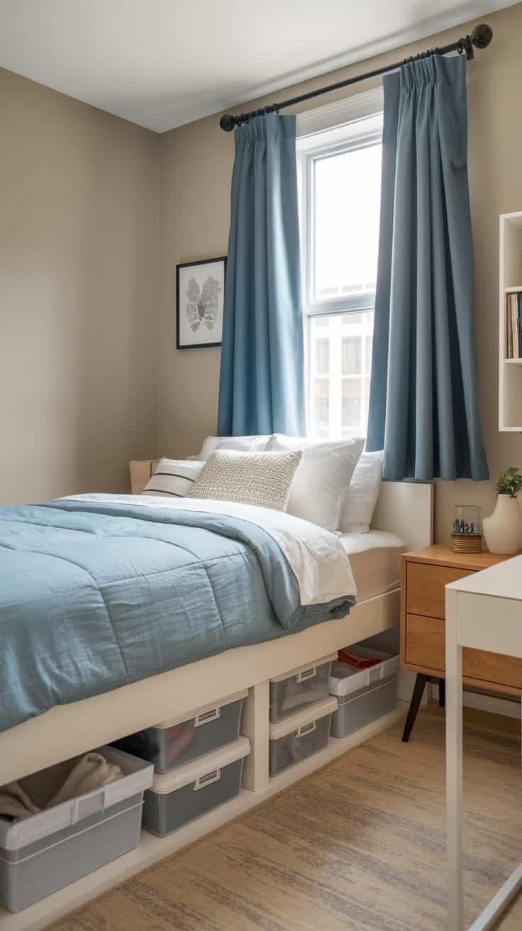 Underbed_storage_solutions A cozy bedroom featuring a bed with under bed storage solutions showcasing clear storage bins underneath