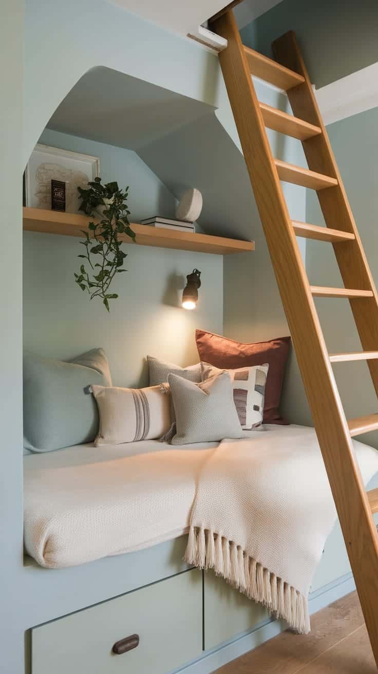 Understairs_bedroom_nook Cozy under stairs bedroom nook with a bed pillows and a wooden ladder