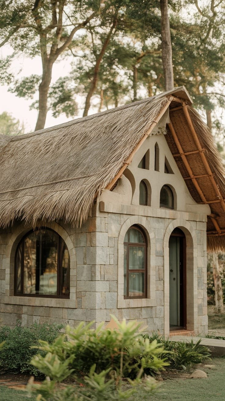 Unique_architectural_features A small home with stone walls and a thatched roof surrounded by greenery