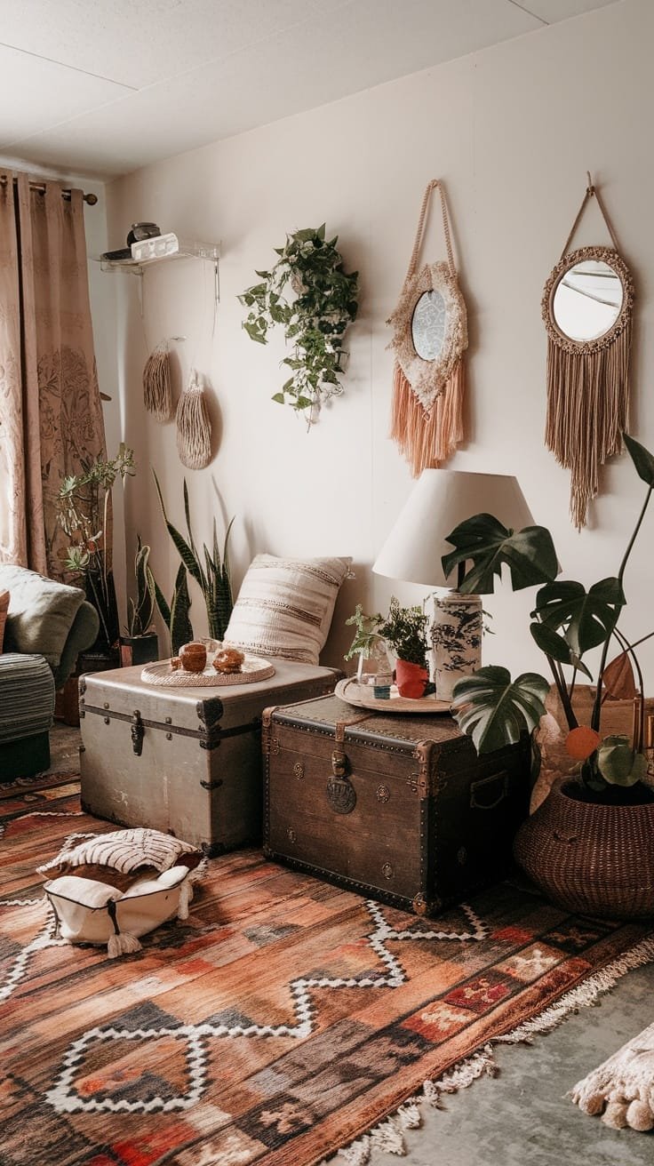 Unique_coffee_table_alternatives A cozy gypsy bohemian living room featuring vintage trunks as coffee tables a colorful rug and various plants