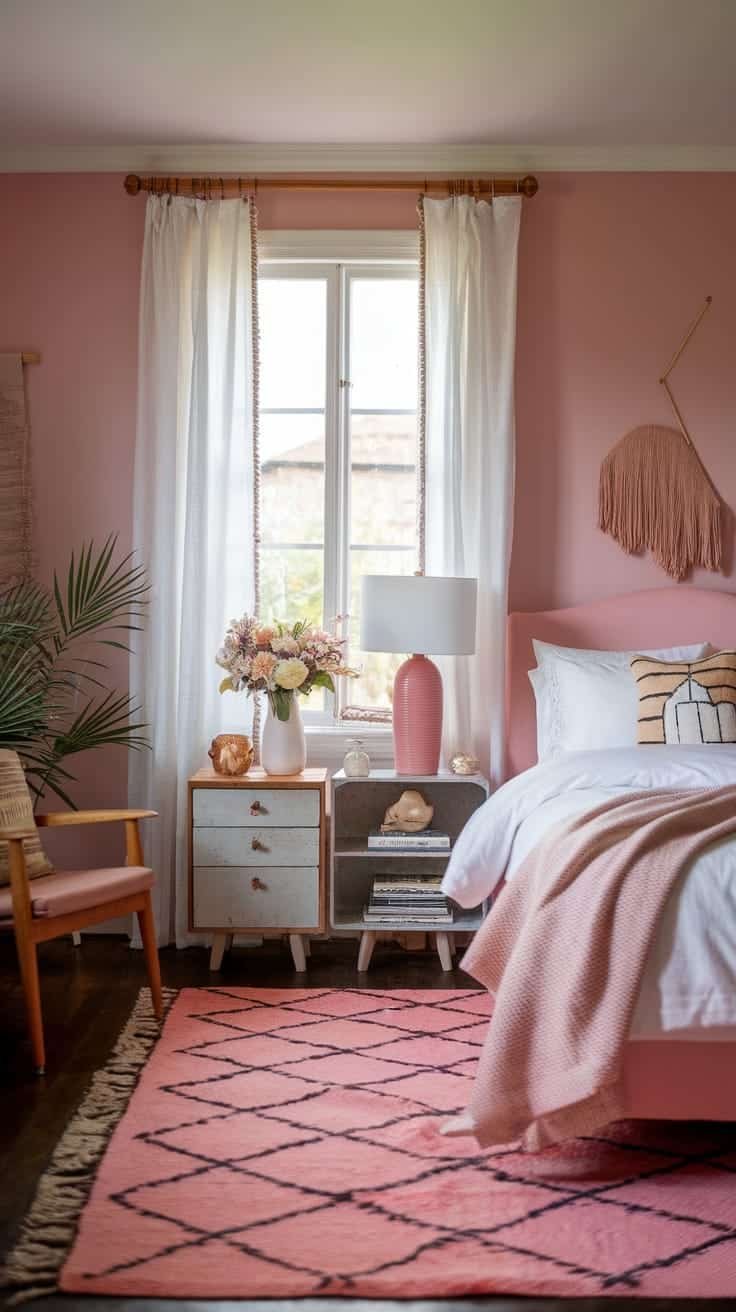 Unique_nightstands A pink boho bedroom featuring unique nightstands with a vintage and modern design