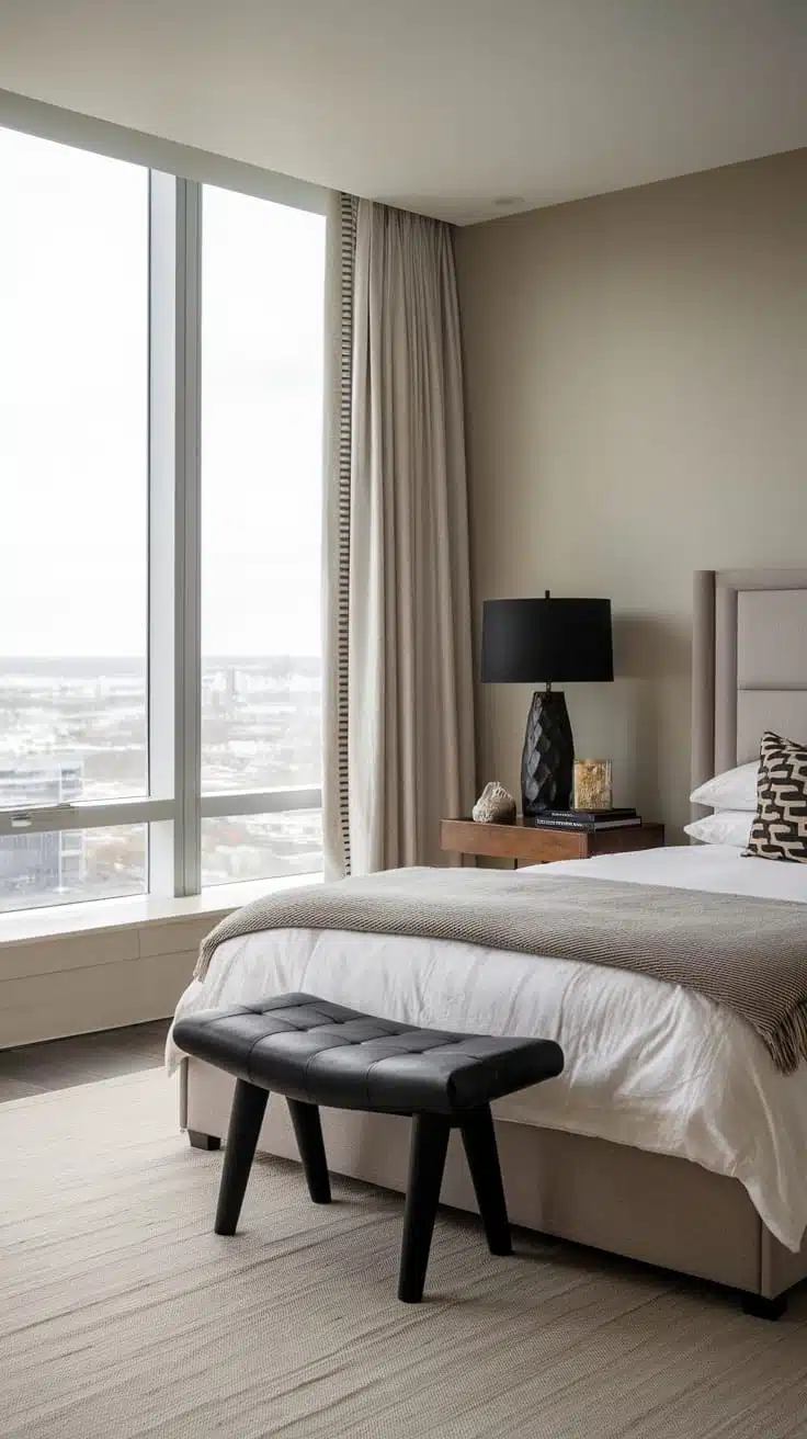 Urban_chic_bedroom_with_city_views Urban chic bedroom interior with large windows showing city views