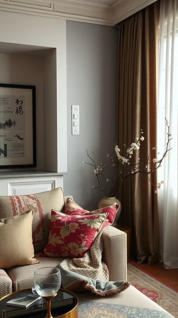Use_of_textiles_for_comfort_and_style A cozy living space with colorful textiles and curtains in a small Japanese apartment