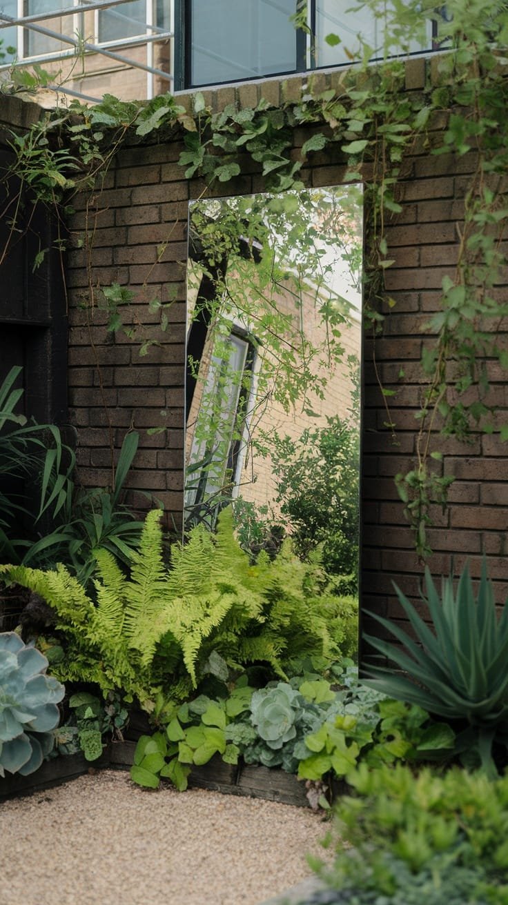 Using_mirrors_to_expand_views A garden with a large mirror surrounded by lush green plants