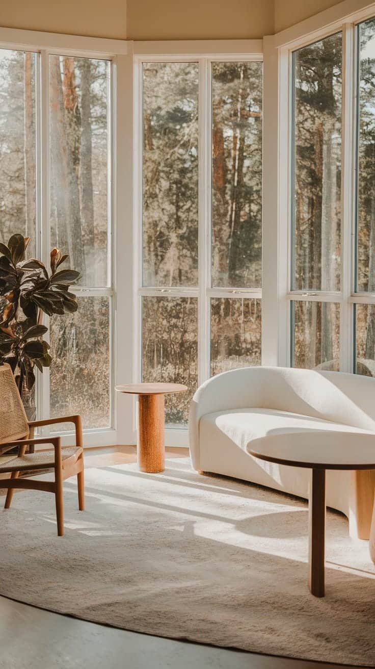Using_natural_lighting A bright living space with large windows showcasing forest view featuring a soft sofa wooden furniture and a cozy rug