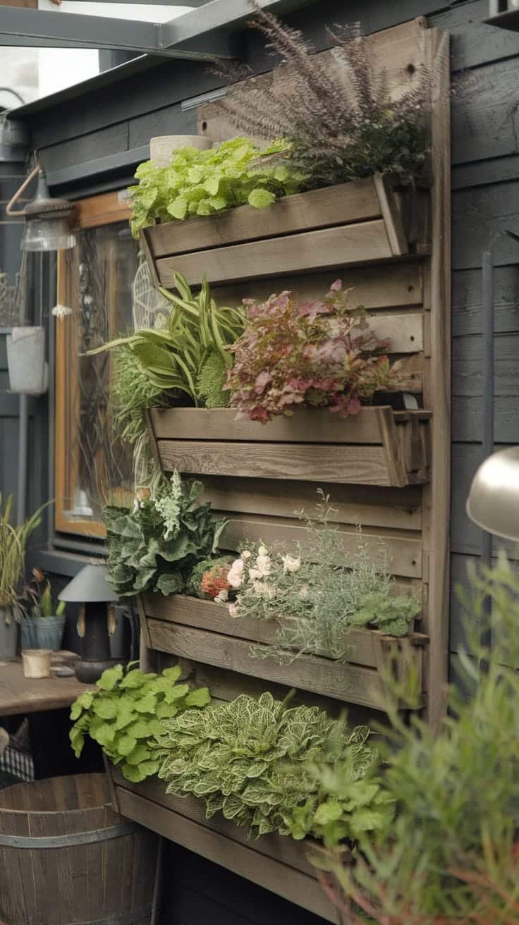 Vertical_garden_solutions Vertical garden with various plants on wooden shelves