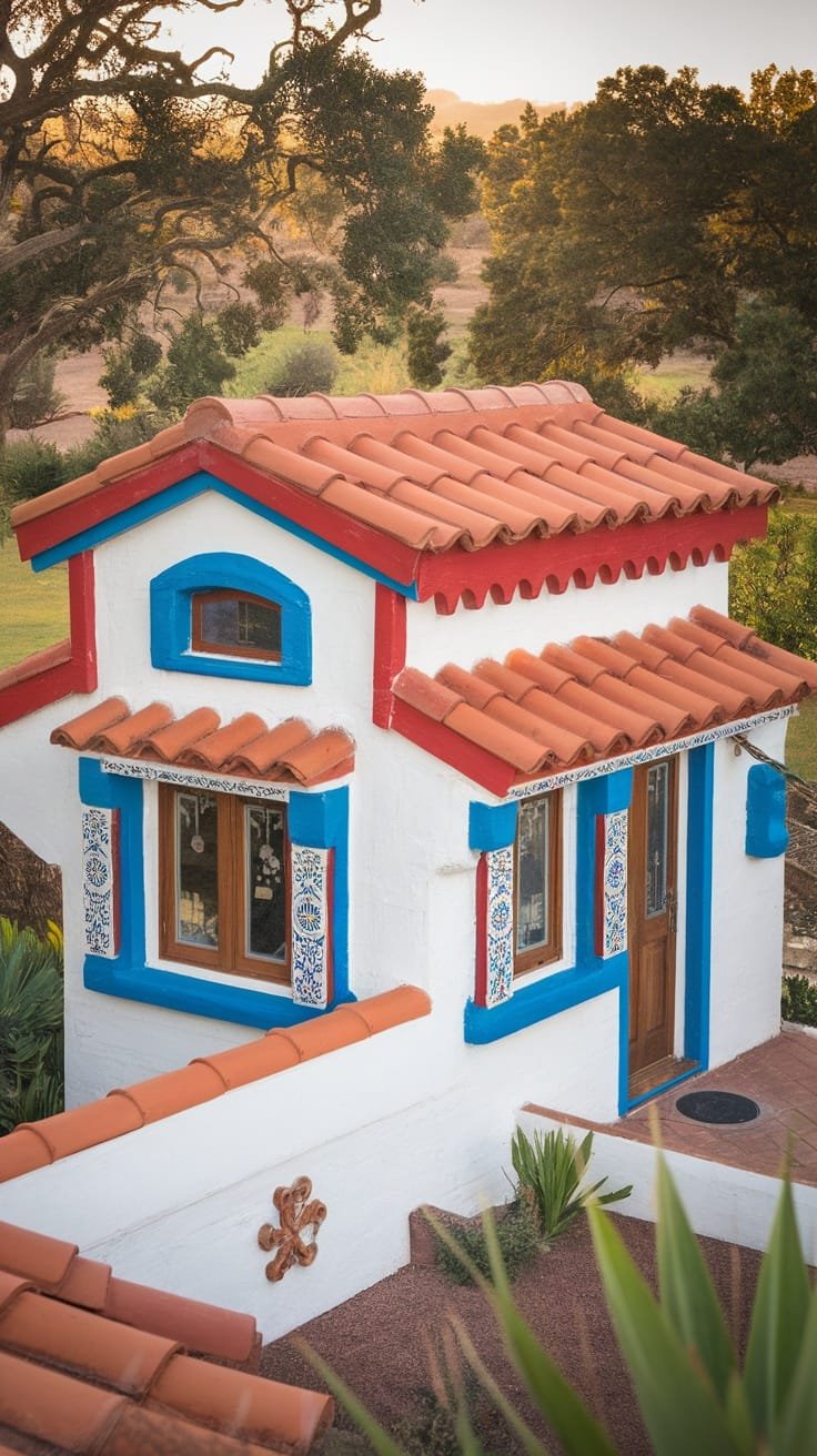 Vibrant_color_palettes_for_tiny_homes A vibrant Spanish style tiny house with blue and red accents featuring a terracotta roof and white walls