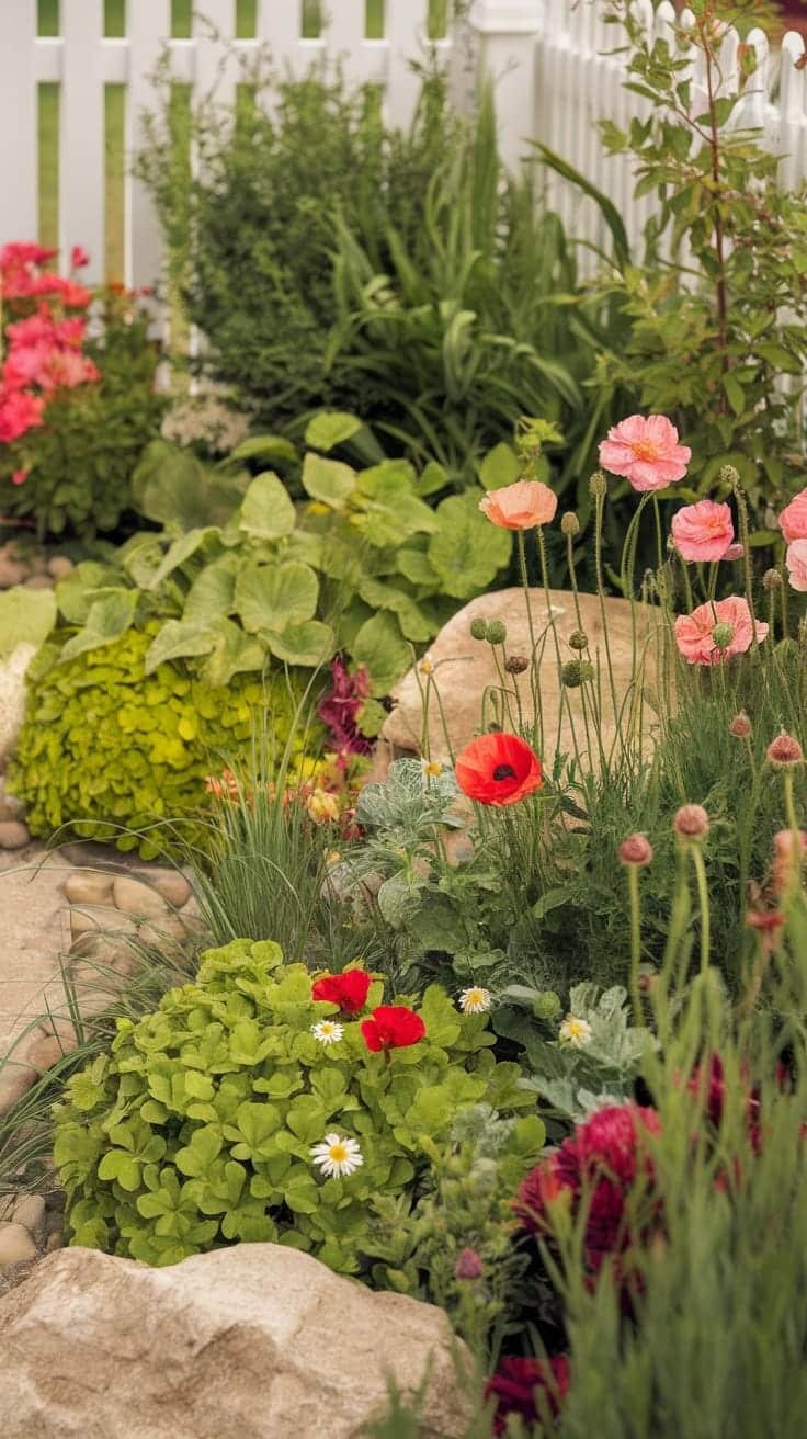 Vibrant_small_gardens A vibrant small garden with colorful flowers and greenery adding charm to a home