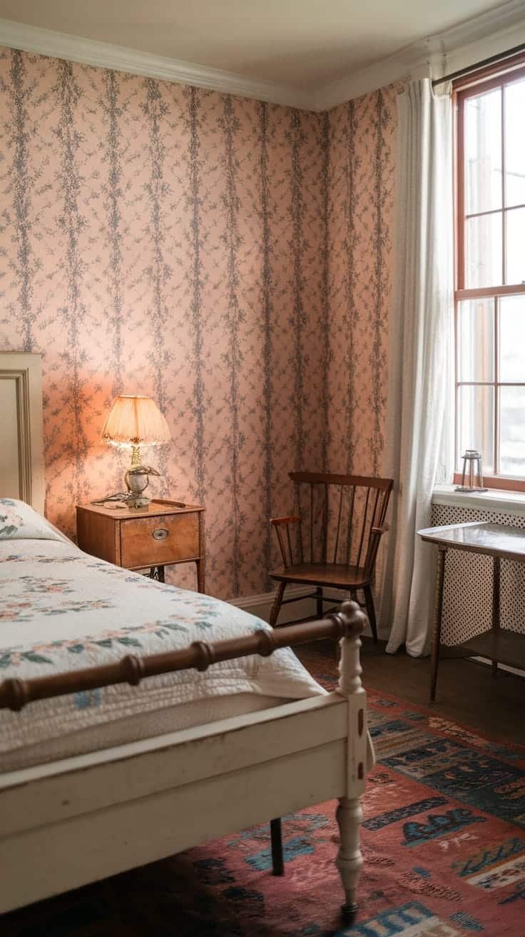 Vintageinspired_small_bedroom A vintage inspired small bedroom featuring floral wallpaper a wooden bed frame an antique lamp and a wooden chair