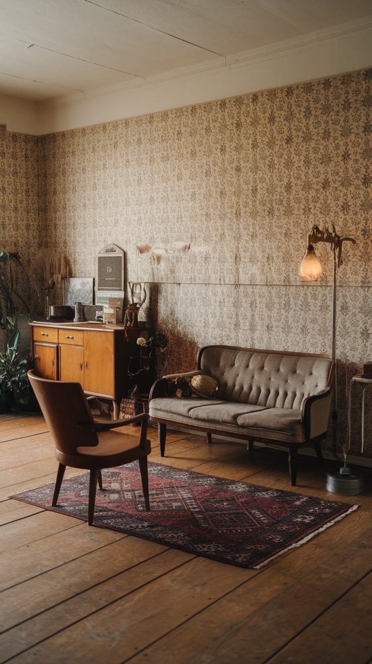 Vintage_charm_in_small_homes A cozy vintage living room with patterned wallpaper a plush sofa a stylish chair and warm lighting