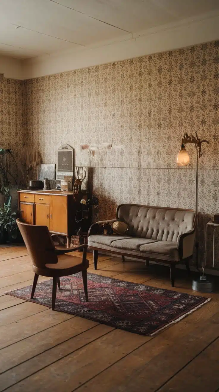 Vintage_charm_in_small_homes A cozy vintage living room with patterned wallpaper a plush sofa a stylish chair and warm lighting