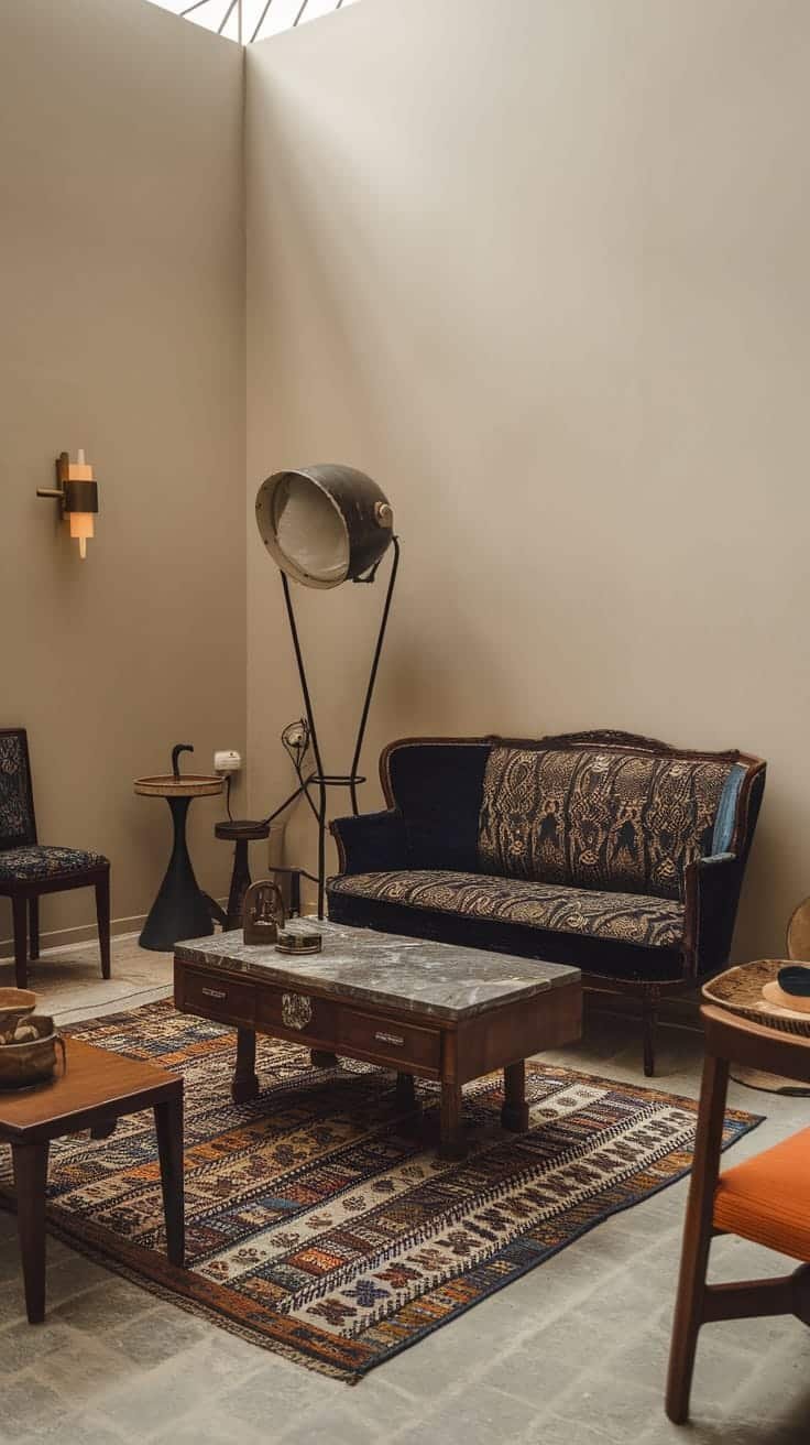 Vintage_furniture_finds_1 A vintage gypsy bohemian living room with a patterned sofa coffee table and rug