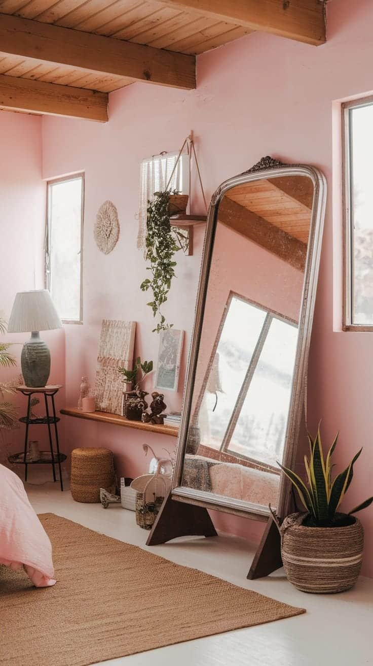 Vintage_mirror_reflection A vintage mirror in a pink boho bedroom reflecting the room's decor.