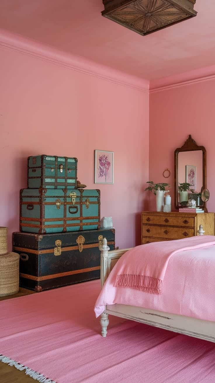 Vintage_travel_trunks Vintage travel trunks in a cozy pink boho bedroom