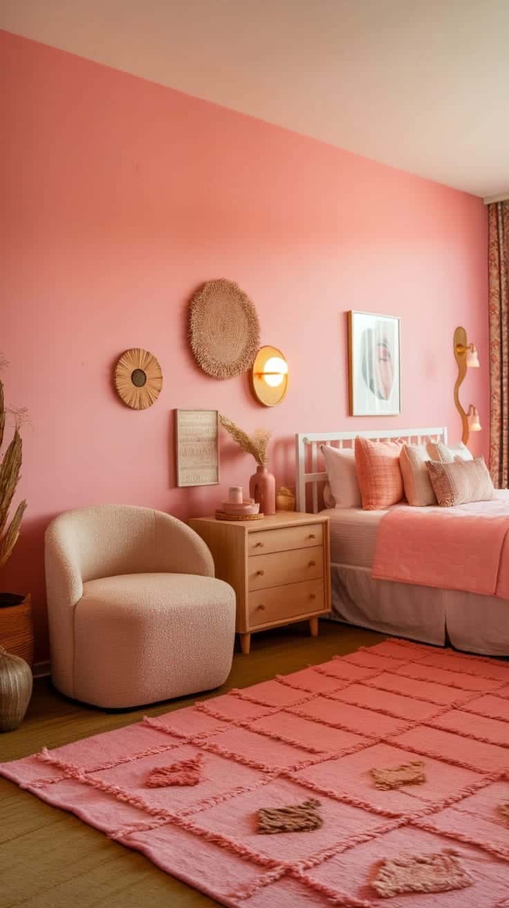 Warm_color_accents A cozy pink boho bedroom with warm color accents