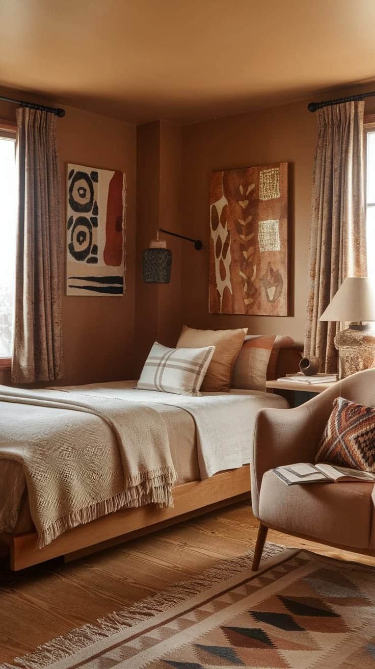 Warm_earthtone_bedroom_decor Cozy bedroom decorated in warm earth tones featuring a bed decorative pillows and artwork on the walls