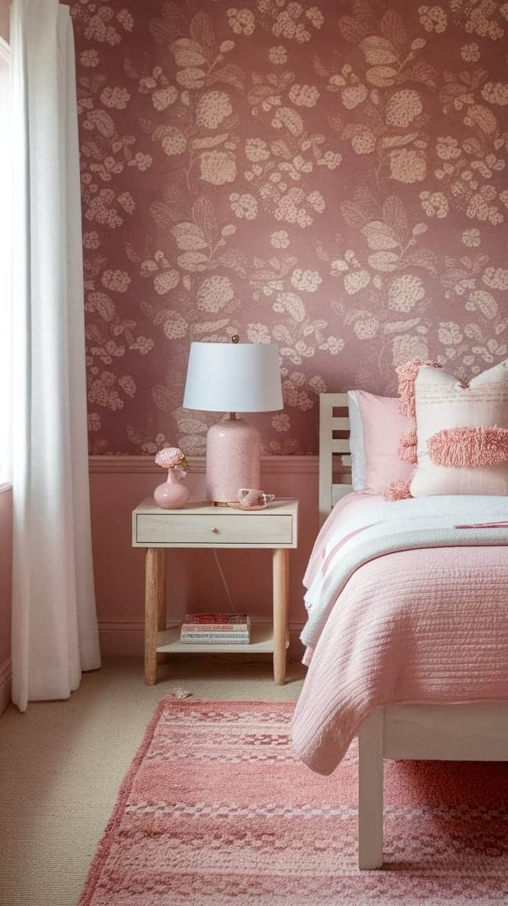 Warm_earthy_textures A cozy pink boho bedroom with floral wallpaper soft pillows and a light wood bedside table