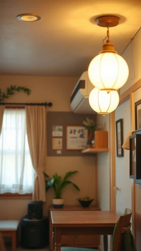 Warm_lighting_to_create_cozy_ambiance Interior of a small Japanese apartment showcasing warm lighting