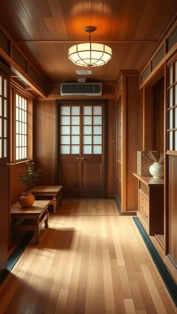 Warm_wood_finishes_for_a_cozy_feel Interior of a small Japanese apartment featuring warm wood finishes