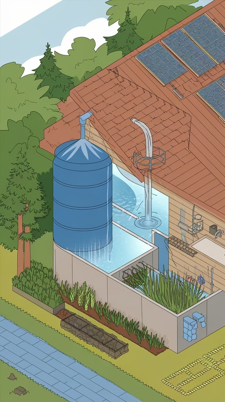 Water_conservation_systems_in_eco_houses Illustration showing a modular eco house with water conservation systems