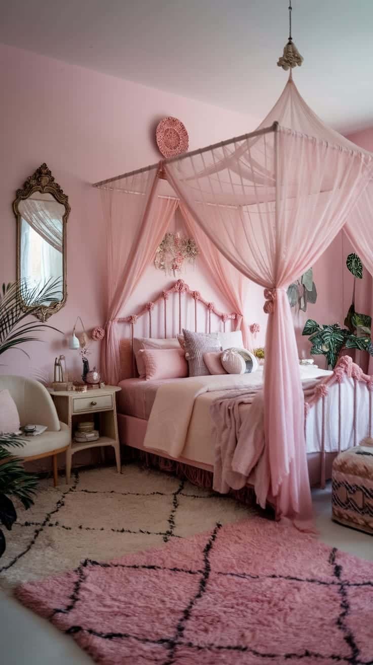 Whimsical_canopy_bed A cozy pink boho bedroom featuring a canopy bed with soft pink fabric various pillows plants and a decorative mirror
