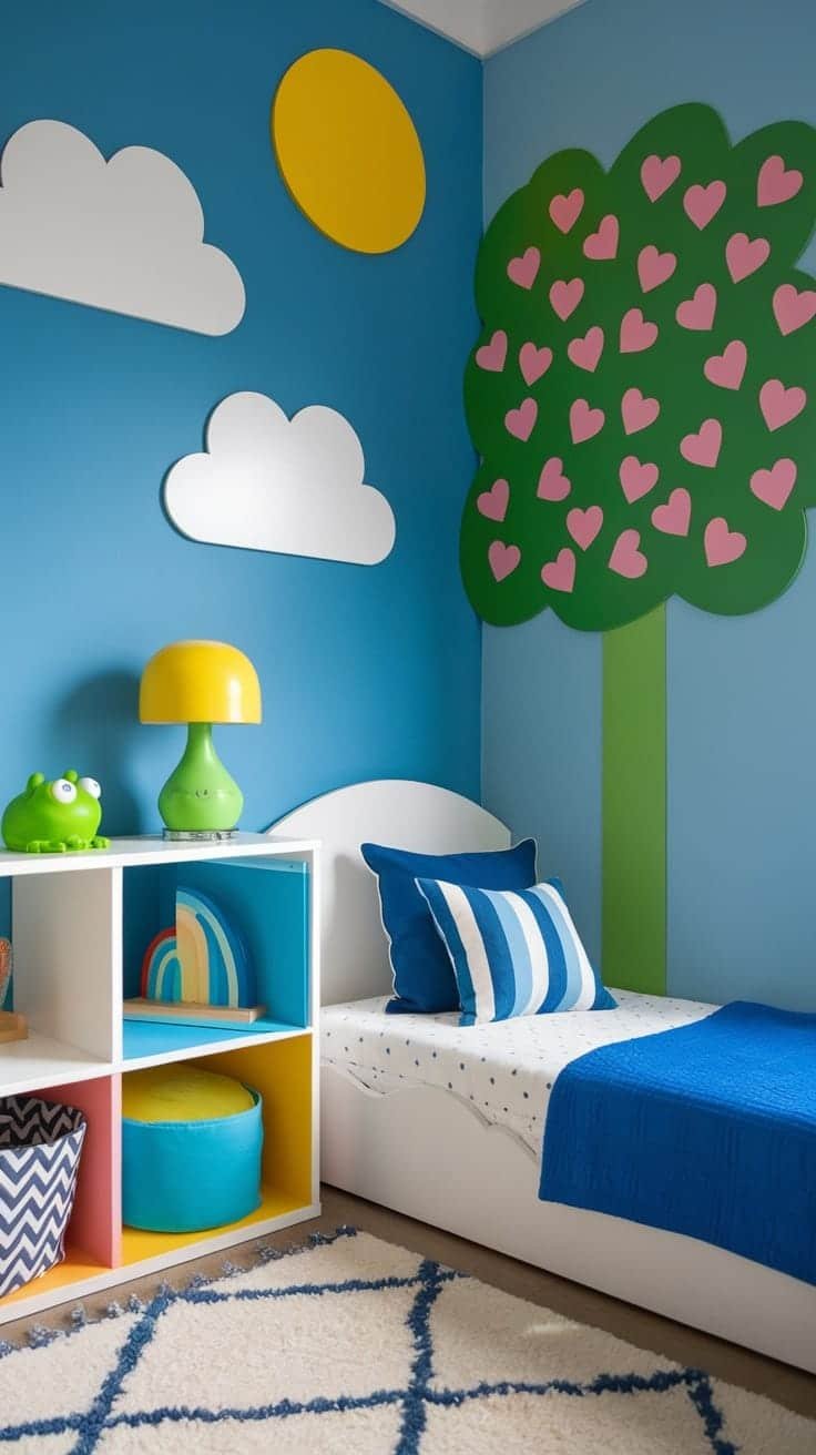 Whimsical_childrens_rooms Bright and cheerful children's room with blue walls, whimsical tree, and colorful decor.