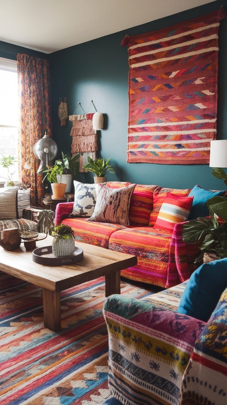 Whimsical_color_palettes Colorful gypsy bohemian living room with patterned furniture and rugs