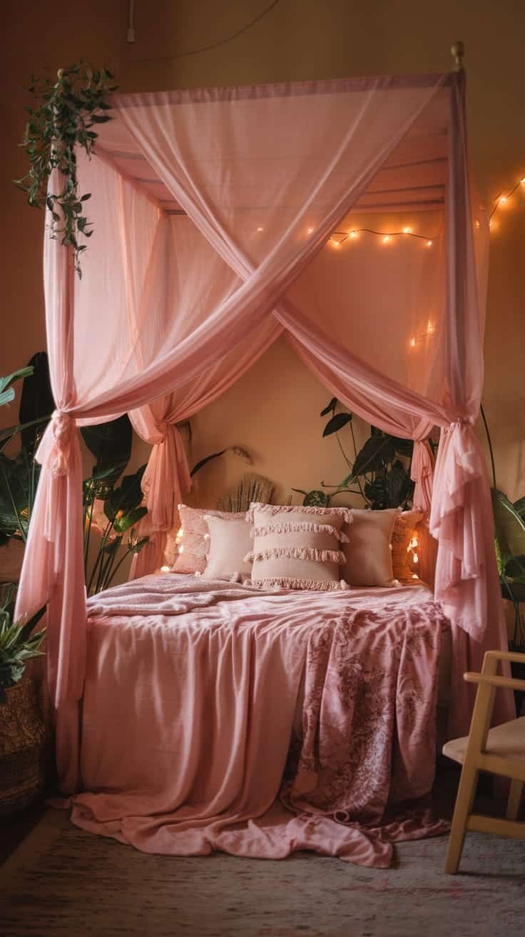 Whimsical_pink_canopy_beds A pink canopy bed with soft fabrics pillows and fairy lights in a boho style bedroom