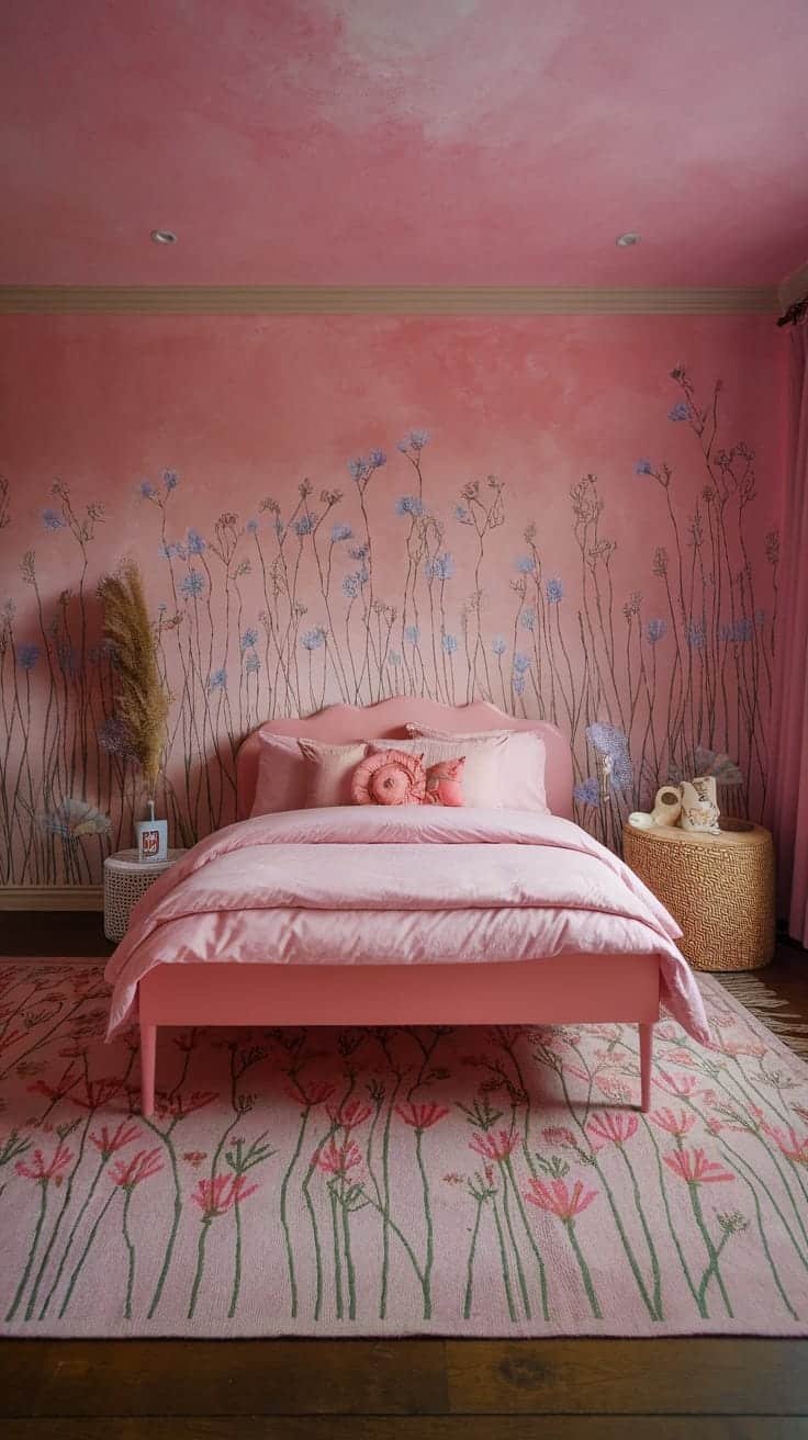 Wildflowerinspired_decor A beautifully decorated pink boho bedroom with floral designs on the walls and a cozy bed